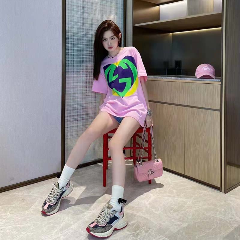 G*u*i women gg interlocking g heart t-shirt pink cotton jersey crewneck oversize fit