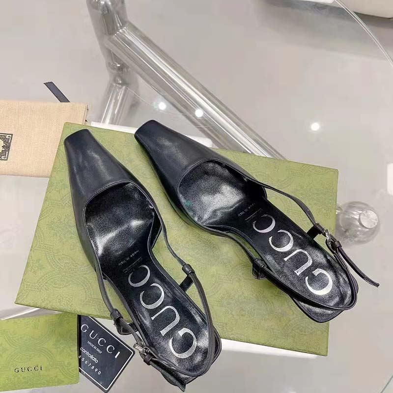 G*u*i women gg slingback pump black leather back ankle buckle 8 cm heel