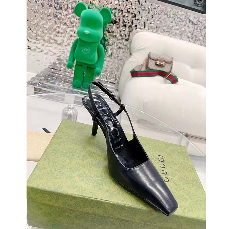 G*u*i women gg slingback pump black leather back ankle buckle 8 cm heel