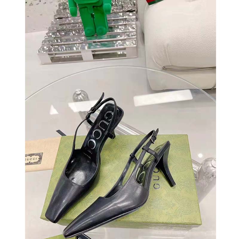 G*u*i women gg slingback pump black leather back ankle buckle 8 cm heel