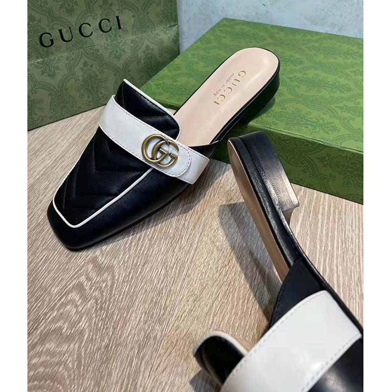 G*u*i women gg slipper double g black leather matelassé chevron insert