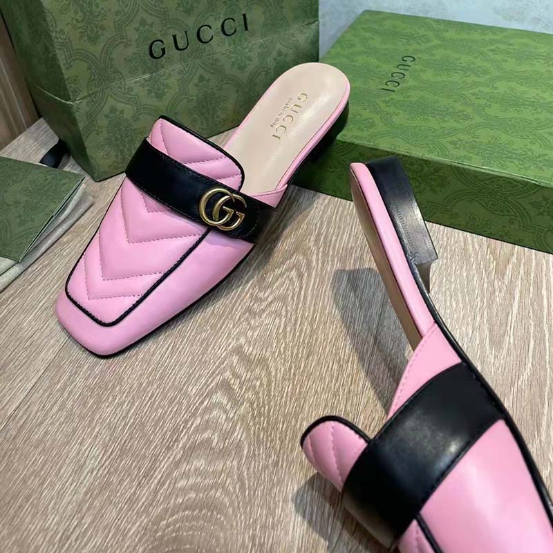 G*u*i women gg slipper double g pink leather matelassé chevron insert