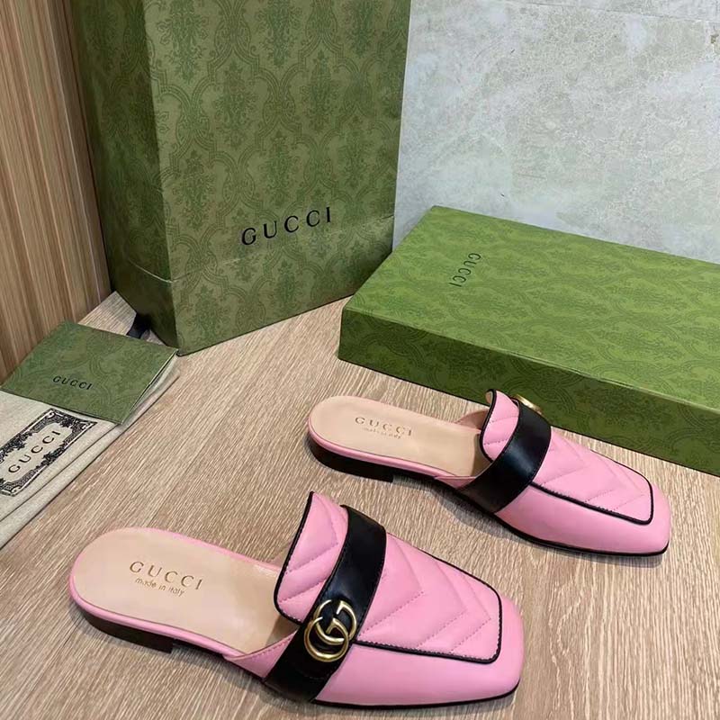 G*u*i women gg slipper double g pink leather matelassé chevron insert