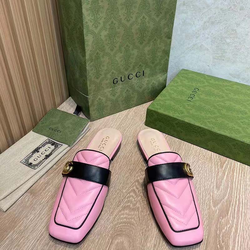 G*u*i women gg slipper double g pink leather matelassé chevron insert
