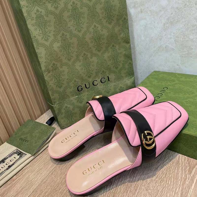 G*u*i women gg slipper double g pink leather matelassé chevron insert