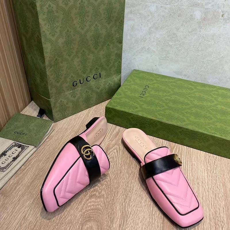 G*u*i women gg slipper double g pink leather matelassé chevron insert
