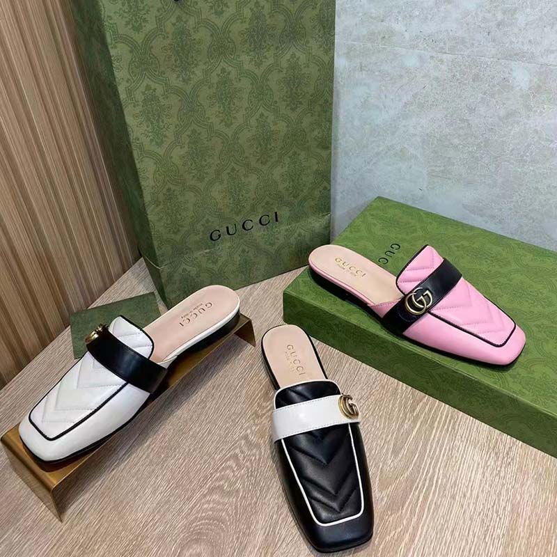 G*u*i women gg slipper double g black leather matelassé chevron insert