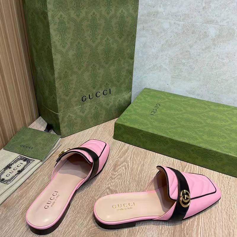 G*u*i women gg slipper double g pink leather matelassé chevron insert