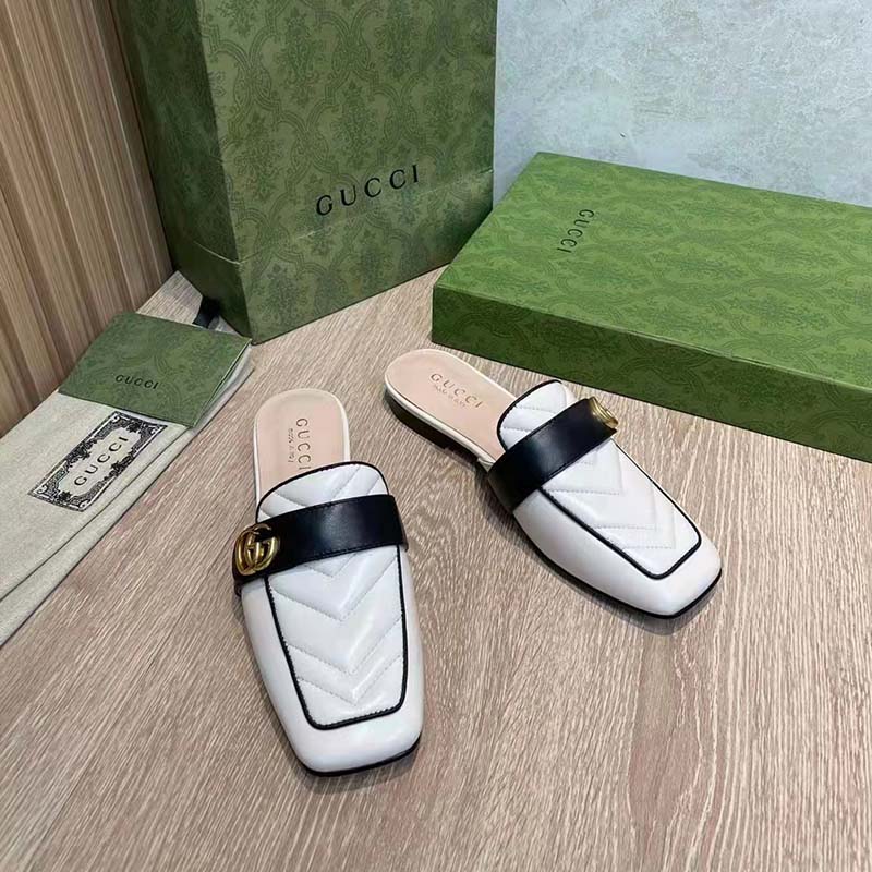 G*u*i women gg slipper double g white leather matelassé chevron insert