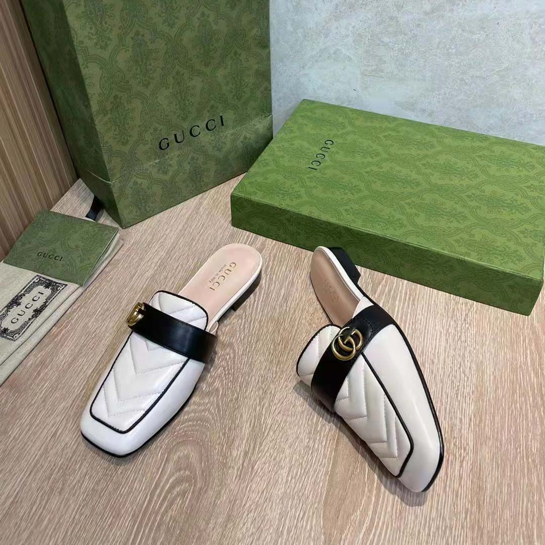 G*u*i women gg slipper double g white leather matelassé chevron insert