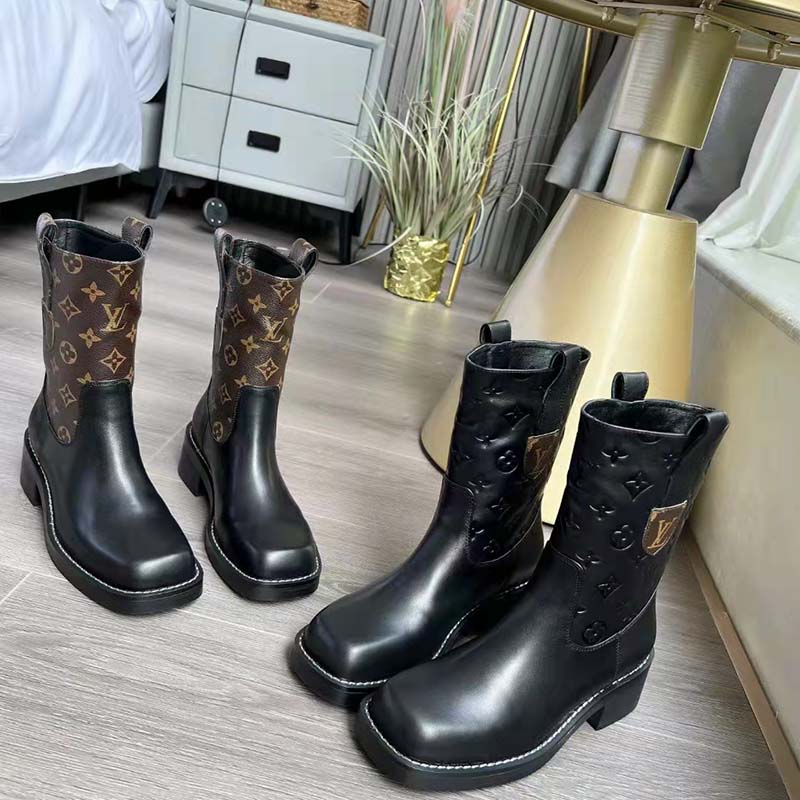 Louis Vuitton Women Downtown Ankle Boot Black Embossed Calf Leather 3 cm Heel