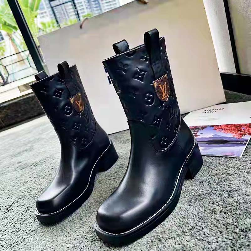 Louis Vuitton Women Downtown Ankle Boot Black Embossed Calf Leather 3 cm Heel