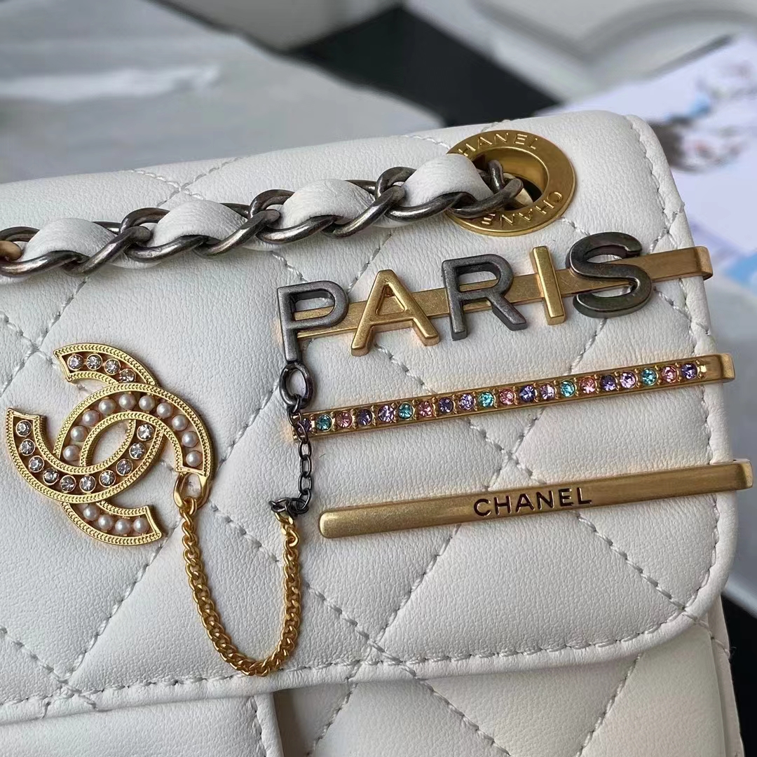Chanel Women Mini Flap Bag Lambskin Glass Imitation Pearls Strass Gold Silver