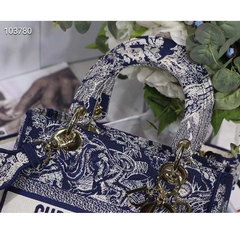 Dior Women CD Medium Lady D-Lite Bag Blue Toile De Jouy Reverse Embroidery