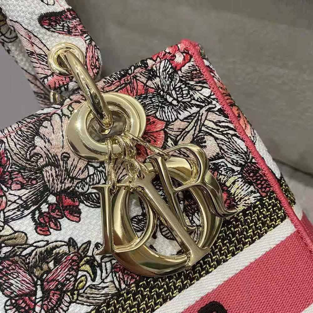 Dior Women Medium Lady D-lite Bag Multicolor Butterfly Embroidery