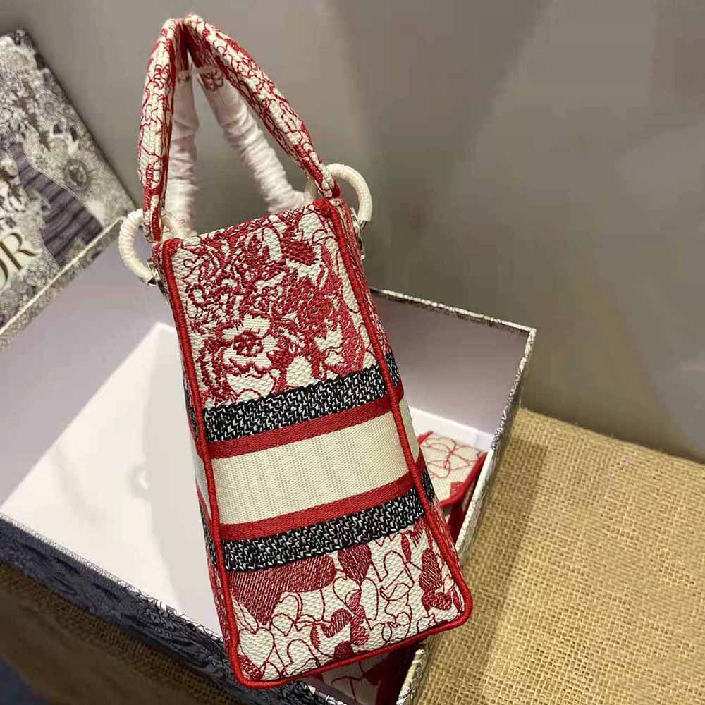Dior Women Medium Lady D-lite Bag Red and White D-Royaume D Amour Embroidery