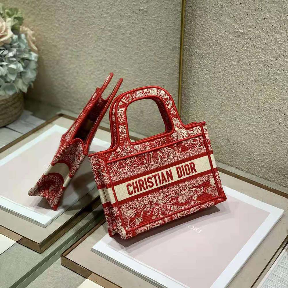 Dior Women Mini Dior Book Tote Fuchsia Toile De Jouy Reverse Embroidery