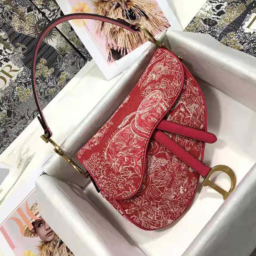 Dior Women Saddle Bag Toile DE Jouy Reverse Jacquard-Red