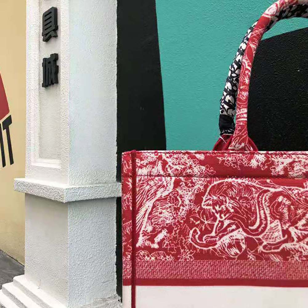 Dior Women Small Dior Book Tote Raspberry Toile de Jouy Reverse Embroidery