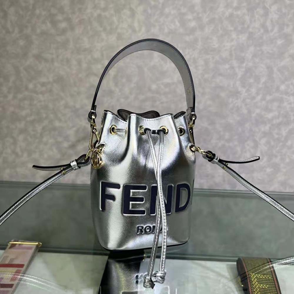 Fendi Women Mon Tresor Silver Laminated Leather Mini Bag