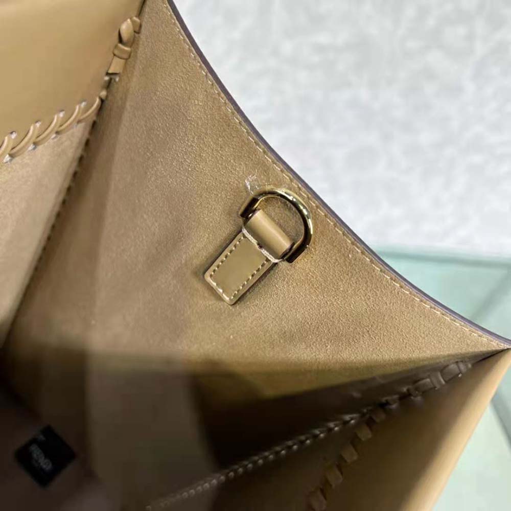 Fendi Women Sunshine Medium White Leather Shopper with Decorative Stitching