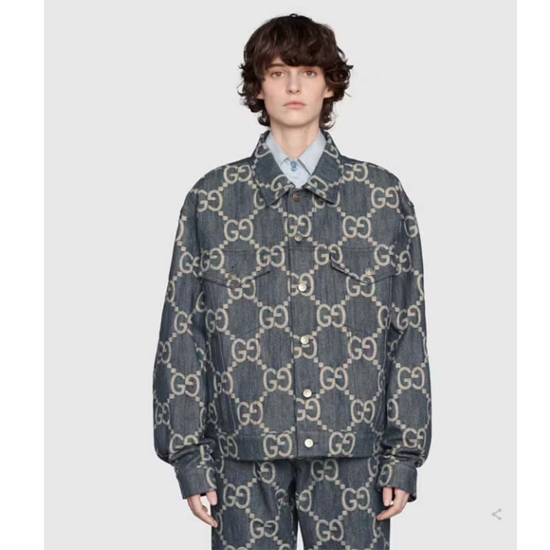 G*u*i gg men pineapple jacket blue ivory jumbo gg jacquard denim