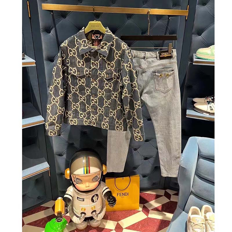 G*u*i gg women pineapple jacket blue ivory jumbo gg jacquard denim