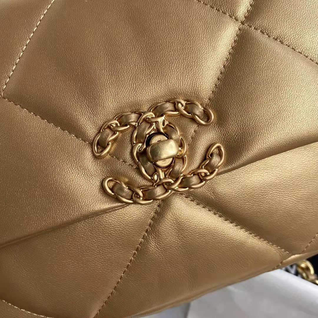 Chanel CC Women 19 Handbag Metallic Lambskin Gold Silver Tone Gold Bag