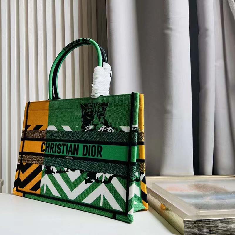 Dior Unisex CD Medium Book Tote Green Orange D-Jungle Pop Embroidery