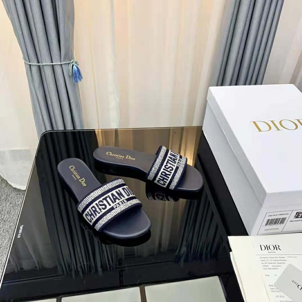 Dior Women Dway Slide Black Cotton Embroidery with Metallic Thread and Silver-Tone Strass