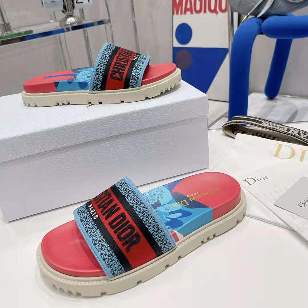 Dior Women Dway Slide Pink Multicolor D-Flower Pop Cotton Embroidery