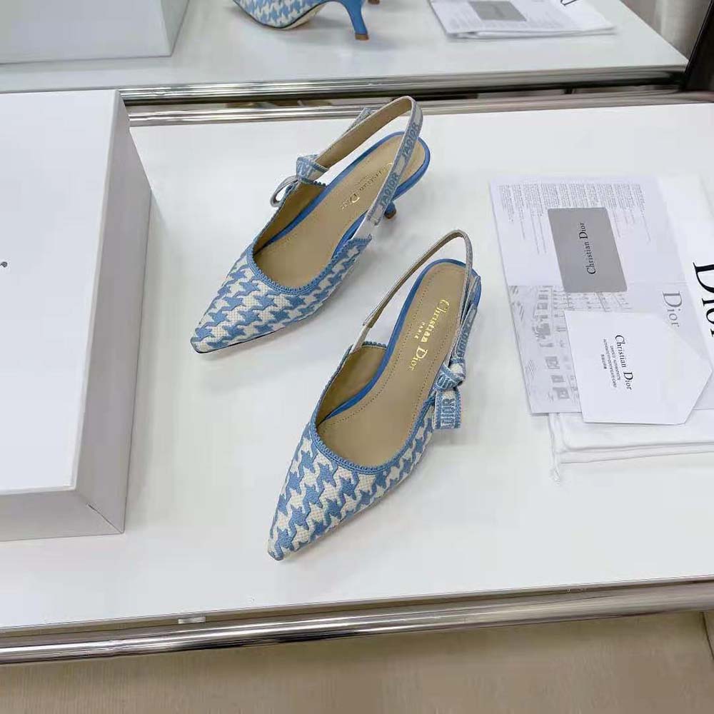 Dior Women J Adior Slingback Pump Cornflower Blue Cotton Embroidery with Micro Houndstooth Motif