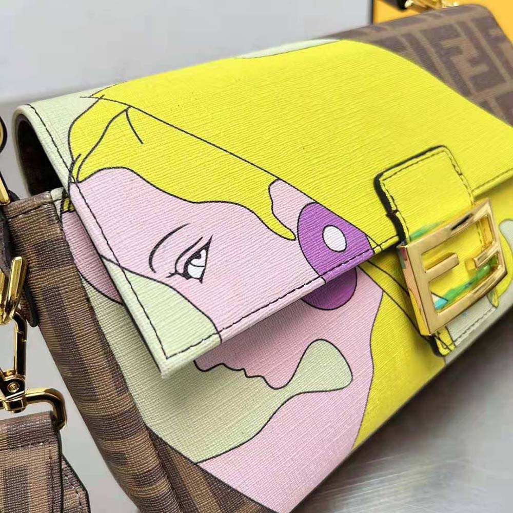 Fendi Women Baguette FF Glazed Fabric Bag with Inlay