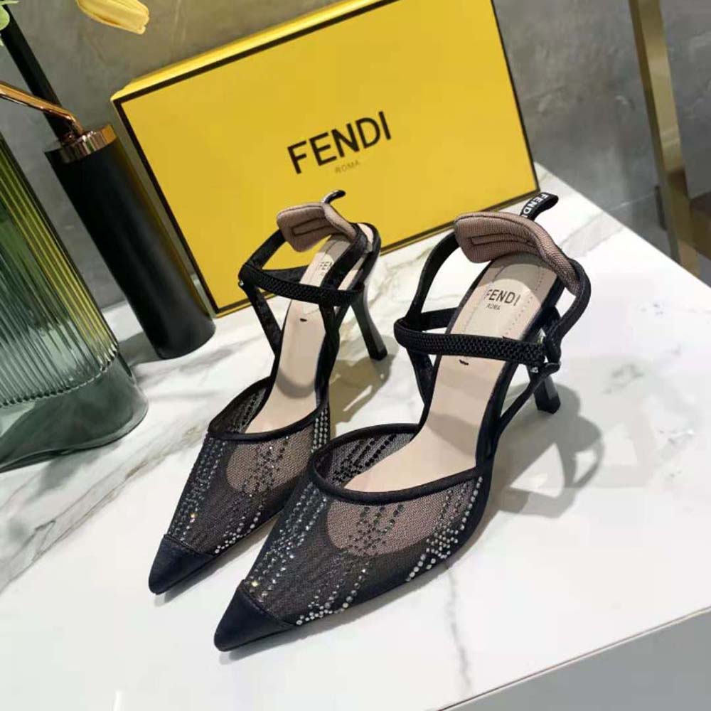 Fendi Women Colibri Black Mesh High-Heeled Slingbacks with Rhinestone Embroidery