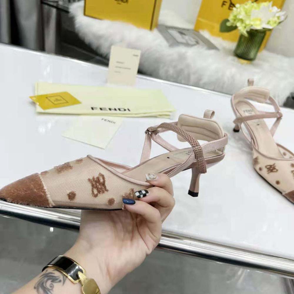 Fendi Women Colibri Lite Beige Mesh and FF Karligraphy Medium-Heel Slingbacks