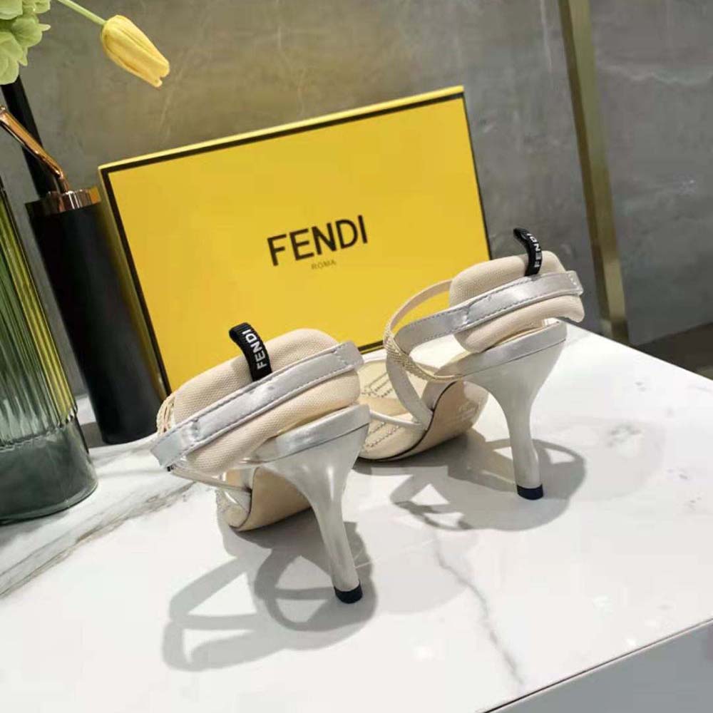 Fendi Women Colibri Pink Mesh High-Heeled Slingbacks with Rhinestone Embroidery