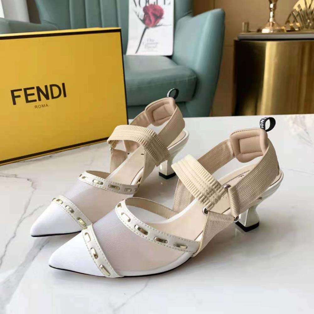 Fendi Women Colibri Pink Mesh High-Heel Slingbacks with Metal Stitches