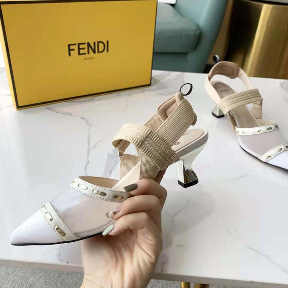 Fendi Women Colibri Pink Mesh High-Heel Slingbacks with Metal Stitches