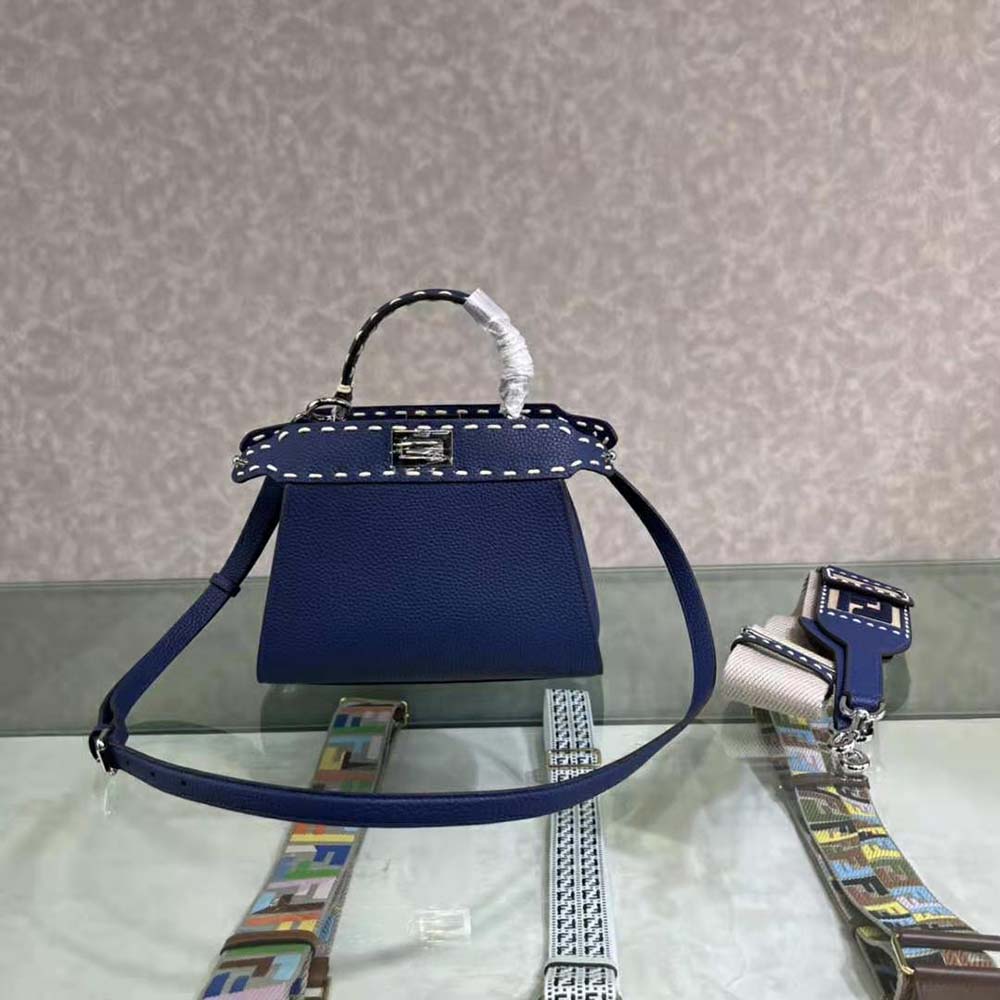 Fendi Women Peekaboo Iconic Mini Full Grain Leather Bag-Navy
