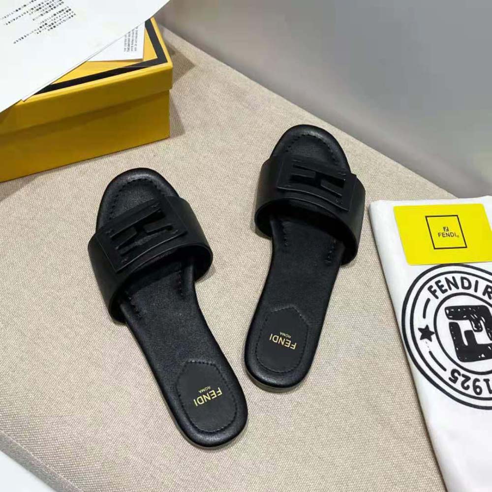 Fendi Women Signature Black Leather Slides in 0.4 inches Heel Height