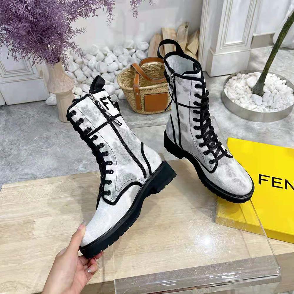 Fendi Women Signature Gray Canvas Biker Boots