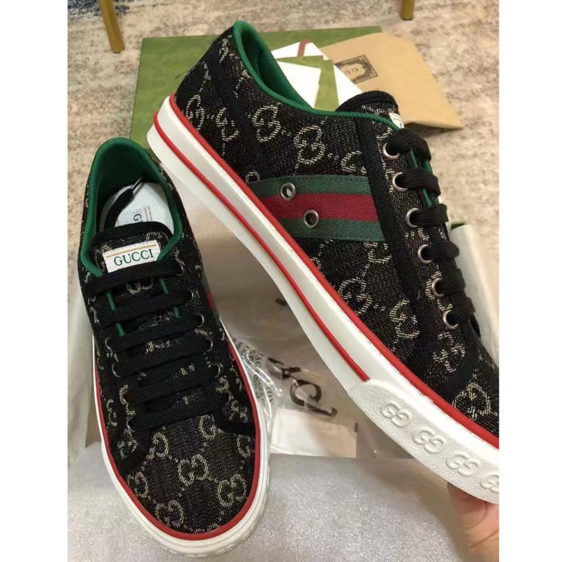 G*u*i gg unisex tennis 1977 black ivory denim jacquard flat 1.5 cm heel