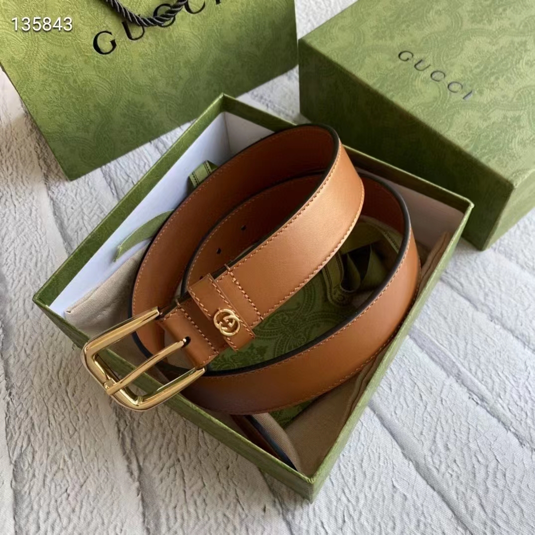 G*u*i unisex gg belt with square buckle and interlocking g brown 3.6 cm width