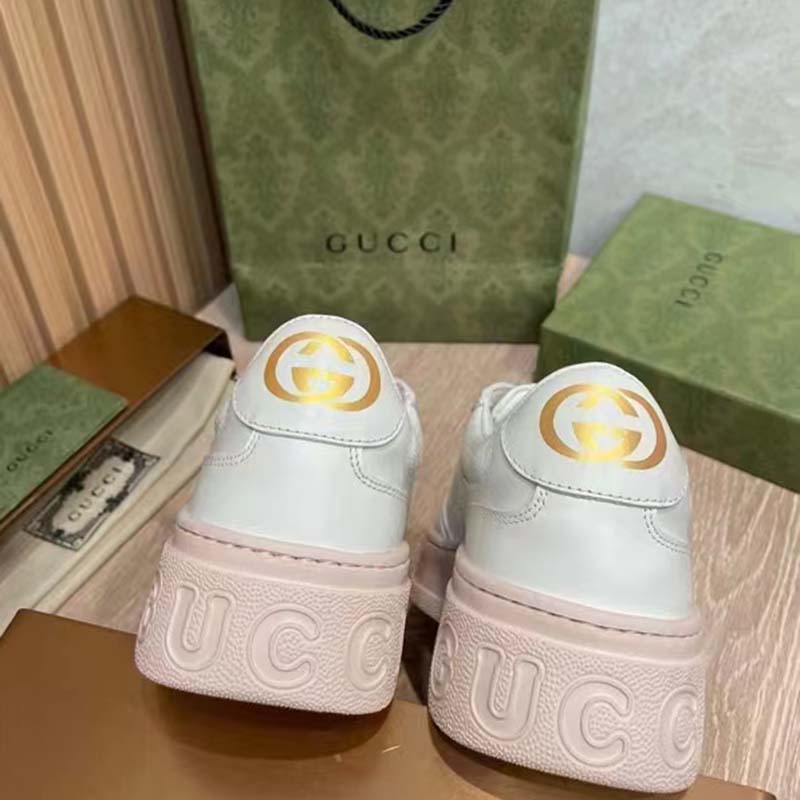 G*u*i unisex gg embossed sneaker white leather smooth leather lace up flat