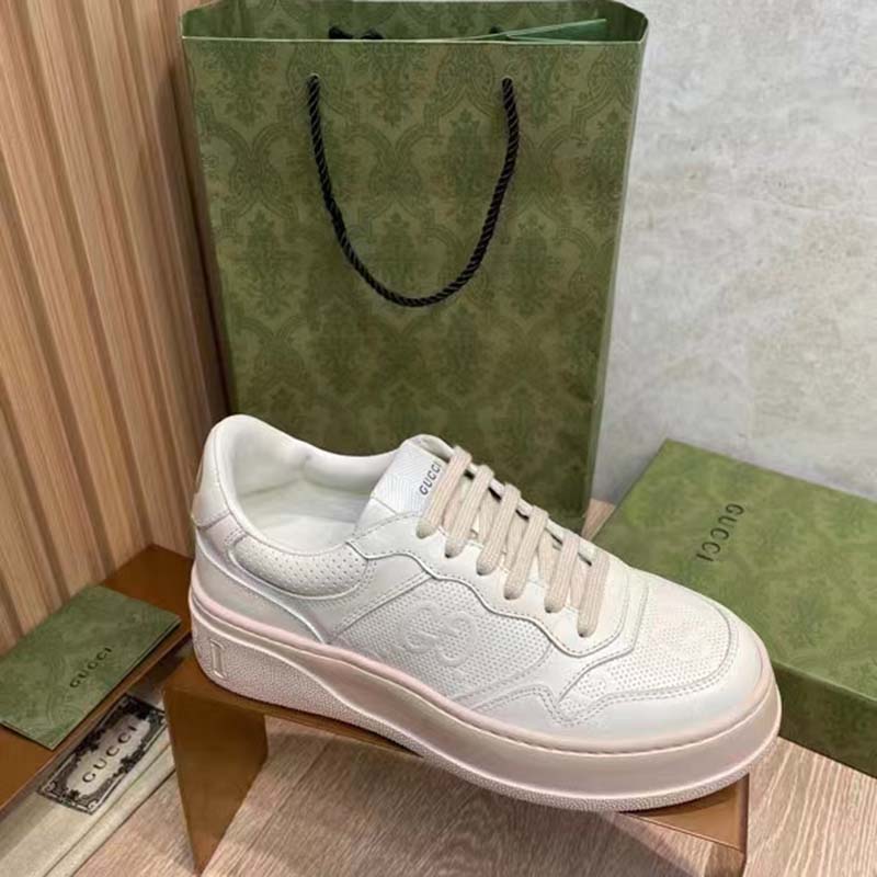 G*u*i unisex gg embossed sneaker white leather smooth leather lace up flat