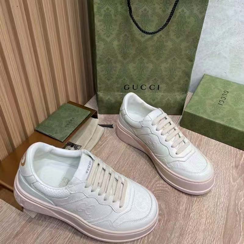 G*u*i unisex gg embossed sneaker white leather smooth leather lace up flat