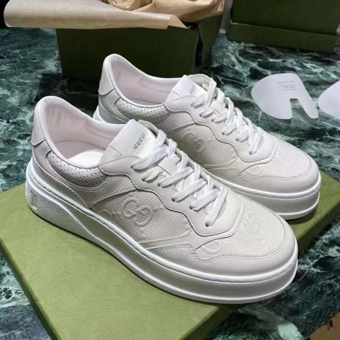G*u*i unisex gg embossed sneaker white smooth leather lace up flat