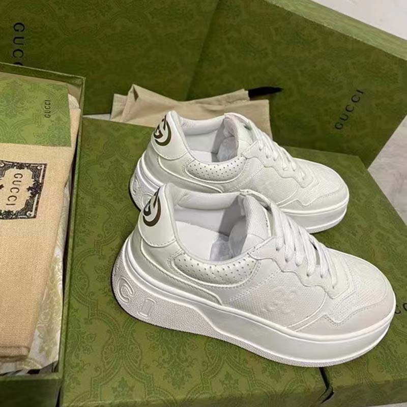 G*u*i unisex gg embossed sneaker white smooth leather lace up flat