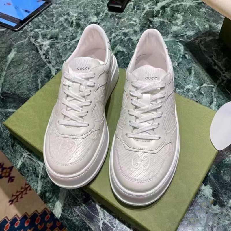 G*u*i unisex gg embossed sneaker white smooth leather lace up flat