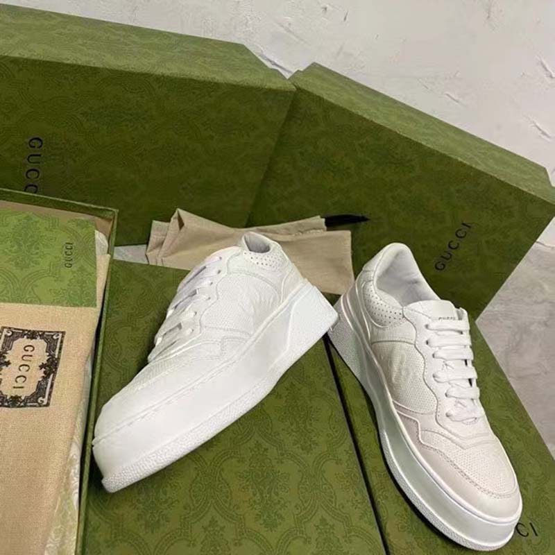 G*u*i unisex gg embossed sneaker white smooth leather lace up flat